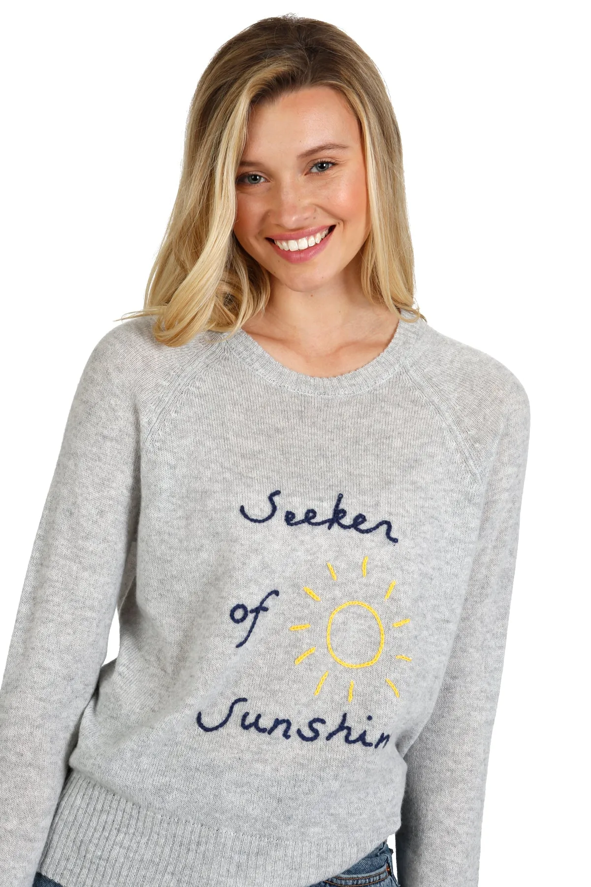 100% Cashmere Crew Lt Grey with Embroidery Stitch "Seeker of Sunshine"