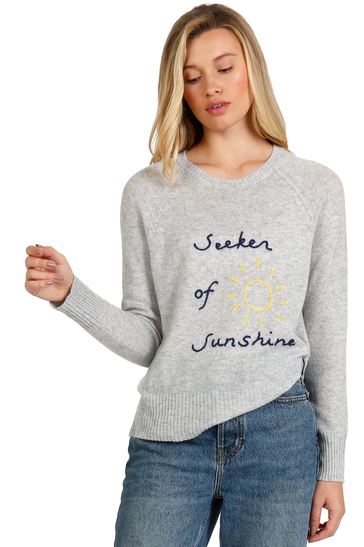 100% Cashmere Crew Lt Grey with Embroidery Stitch "Seeker of Sunshine"