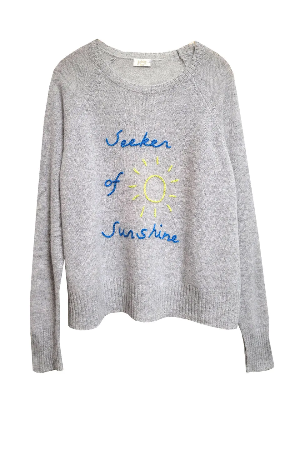 100% Cashmere Crew Lt Grey with Embroidery Stitch "Seeker of Sunshine"