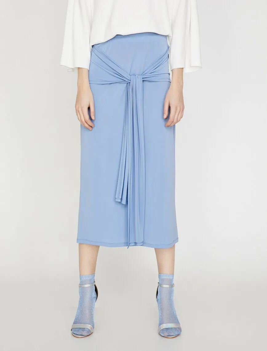 11868 Blue Tie Waist Detailed Midi Skirt