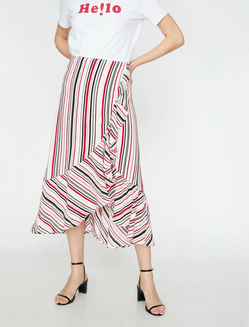 11952 Red Frill Detailed Midi Skirt