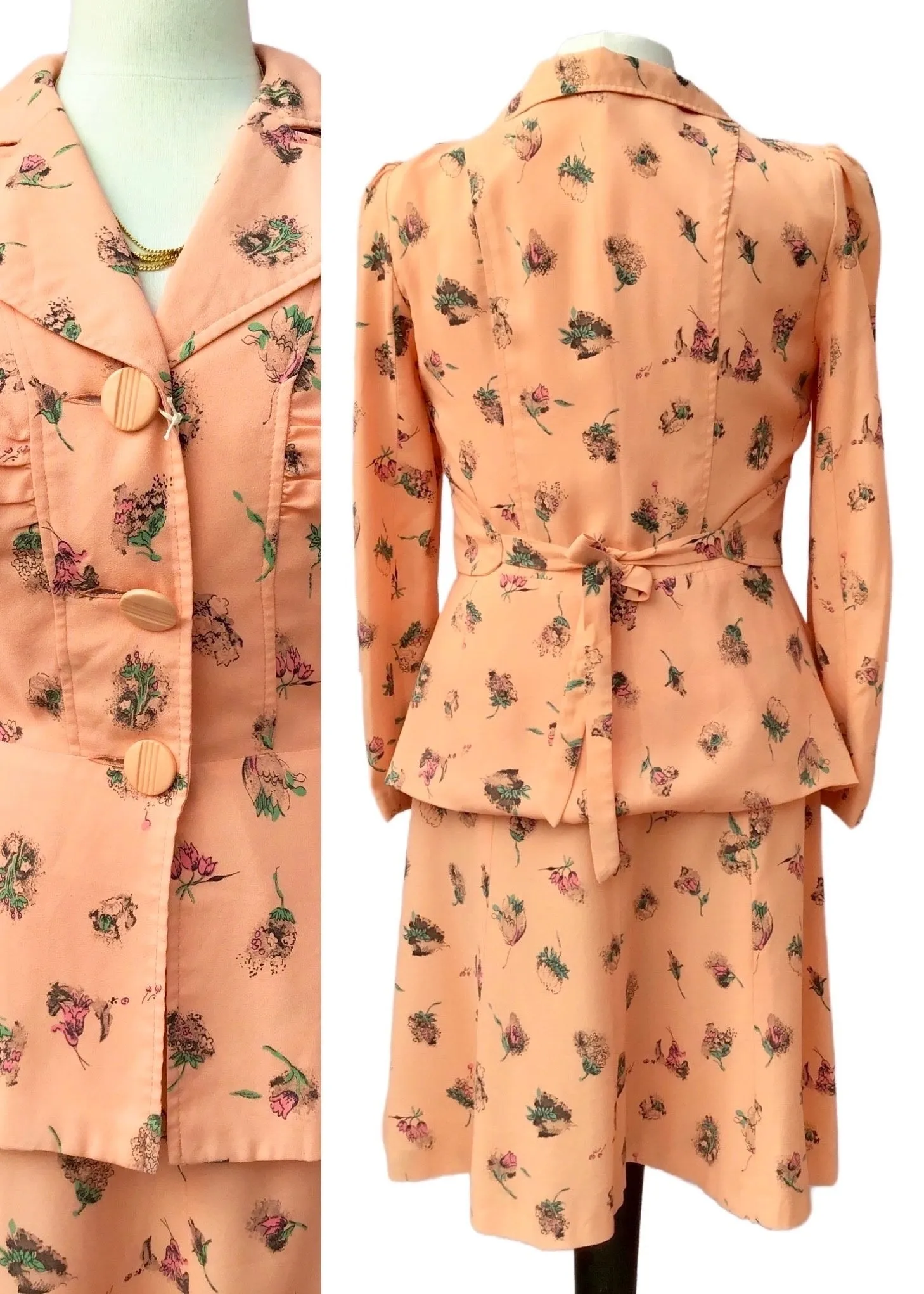 1970s Vintage Peach Floral Crepe Skirt Suit by Creation Mademoiselle