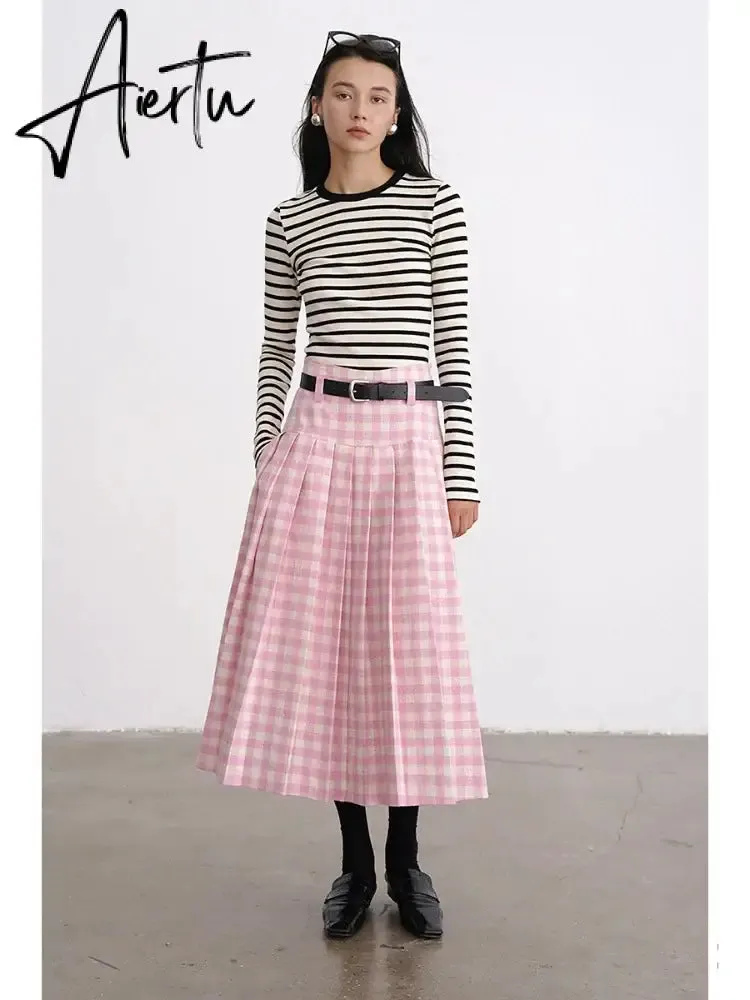 A-line Elegant Pink Plaid Pleated Midi Women Skirt Vintage Korean Fashion Preppy Style