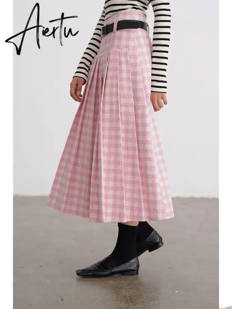 A-line Elegant Pink Plaid Pleated Midi Women Skirt Vintage Korean Fashion Preppy Style