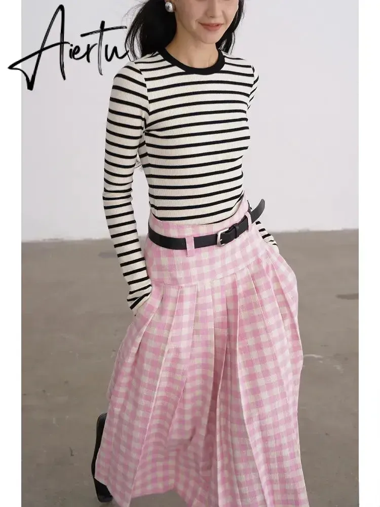 A-line Elegant Pink Plaid Pleated Midi Women Skirt Vintage Korean Fashion Preppy Style