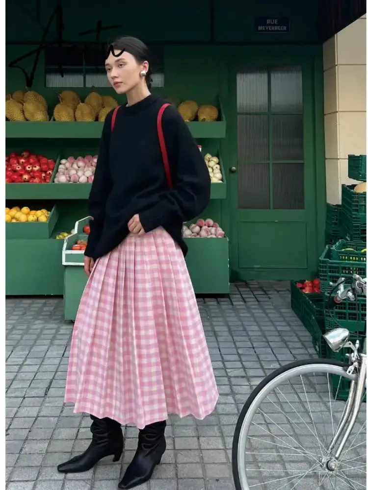 A-line Elegant Pink Plaid Pleated Midi Women Skirt Vintage Korean Fashion Preppy Style