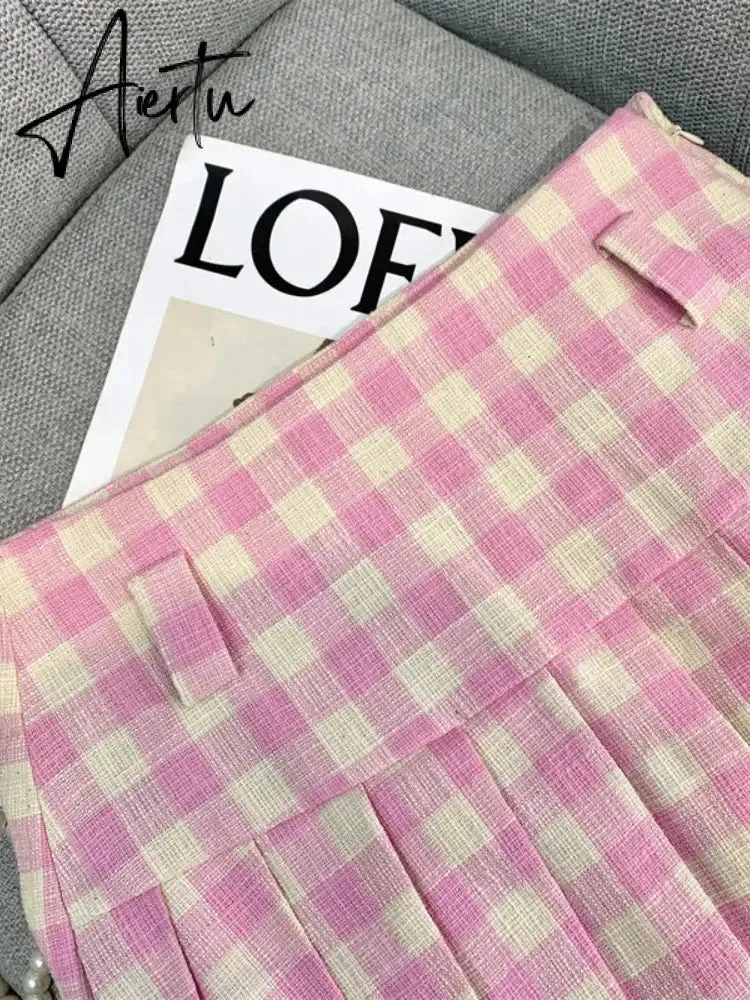 A-line Elegant Pink Plaid Pleated Midi Women Skirt Vintage Korean Fashion Preppy Style