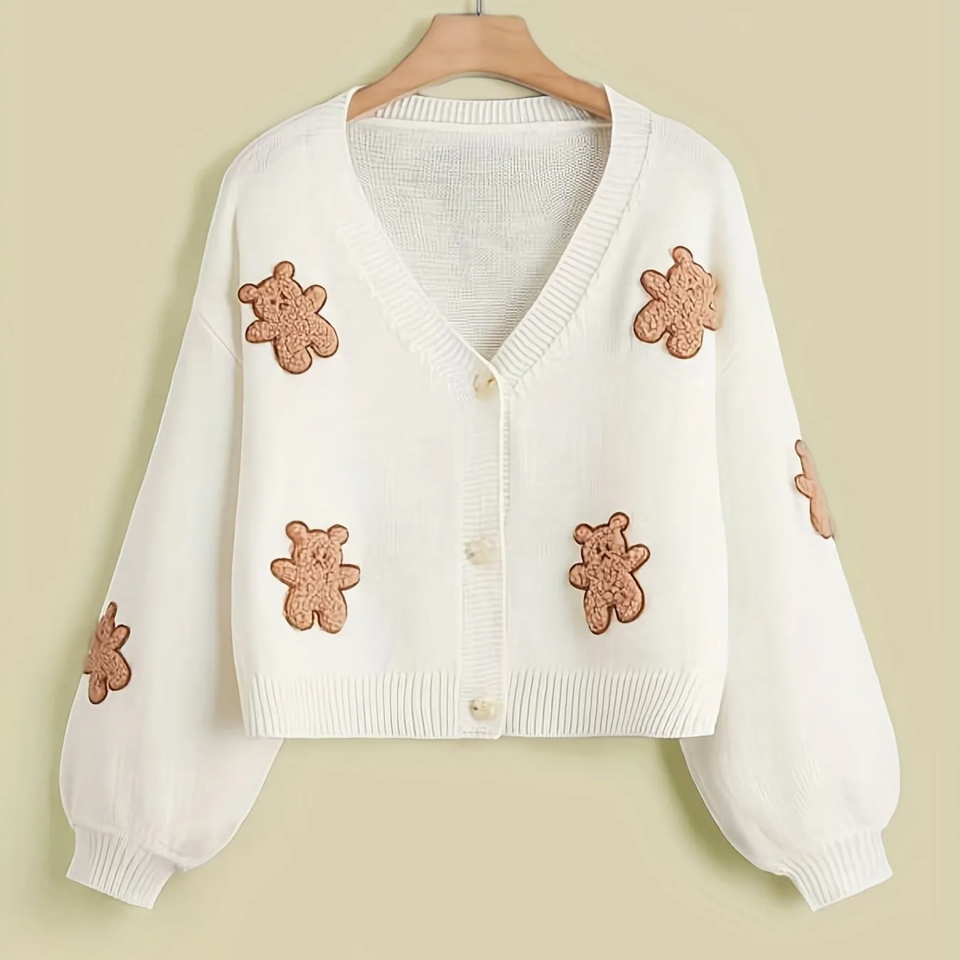 Adorable Bear Embroidered Knitted Cardigan Sweater - Cozy Drop Shoulder Design for Stylish Kid/Teen Girls - Perfect Warm Casual Wear for Fall/Winter