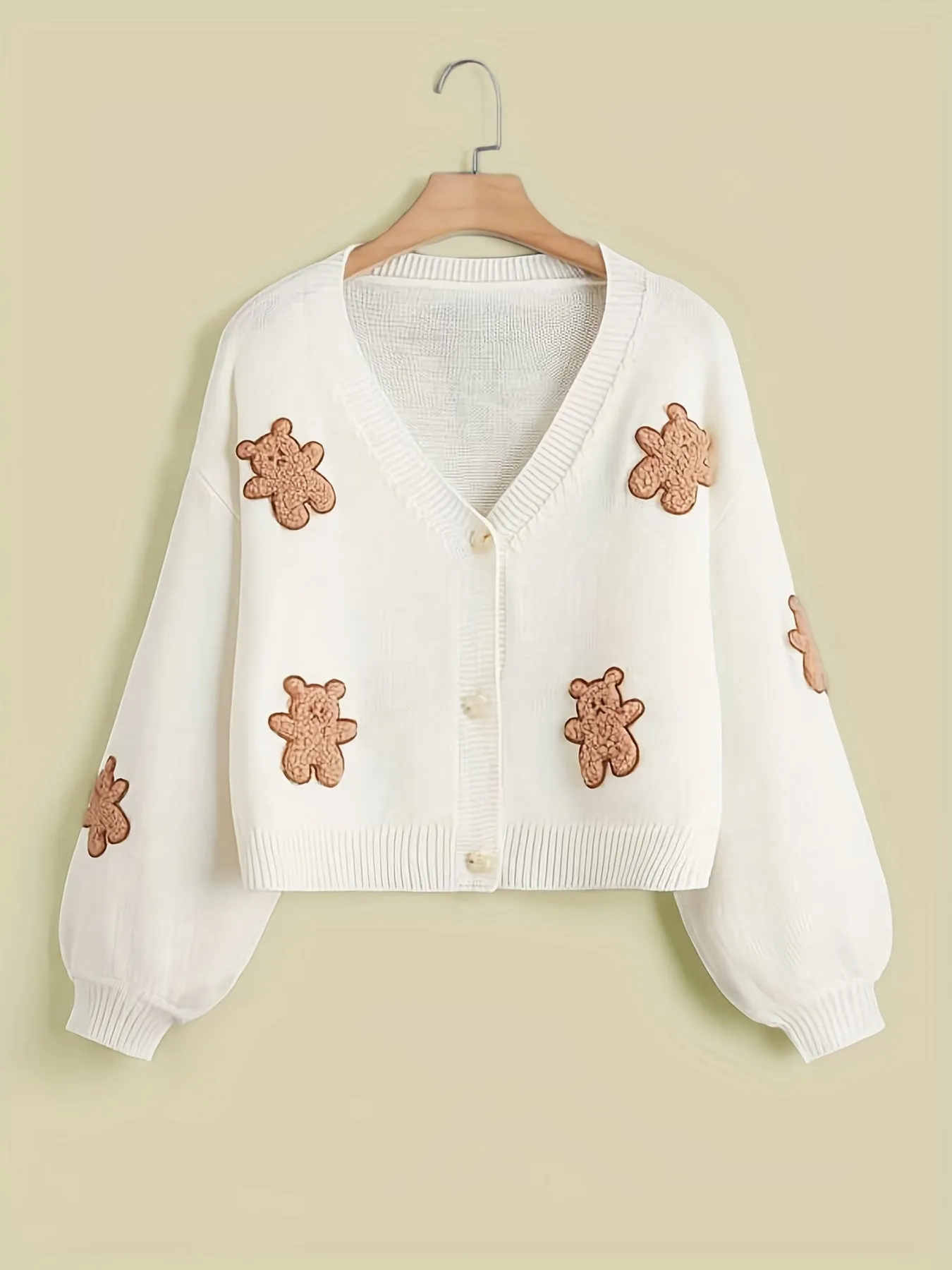 Adorable Bear Embroidered Knitted Cardigan Sweater - Cozy Drop Shoulder Design for Stylish Kid/Teen Girls - Perfect Warm Casual Wear for Fall/Winter