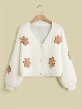 Adorable Bear Embroidered Knitted Cardigan Sweater - Cozy Drop Shoulder Design for Stylish Kid/Teen Girls - Perfect Warm Casual Wear for Fall/Winter