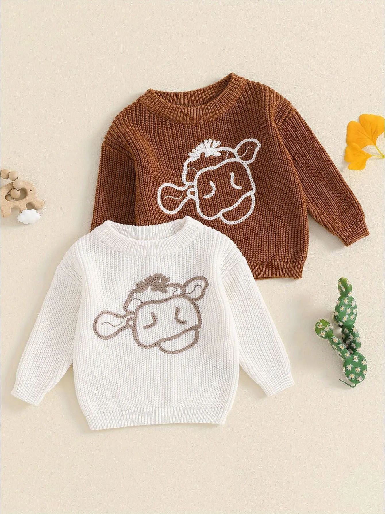 Adorable Knit Sweater Set - Soft, Long Sleeve, Cow Embroidery, Fall Pullover for 0-3 Years Lovely Baby Girls and Boys - Cute Infant Tops for Autumn and Winter Seasons