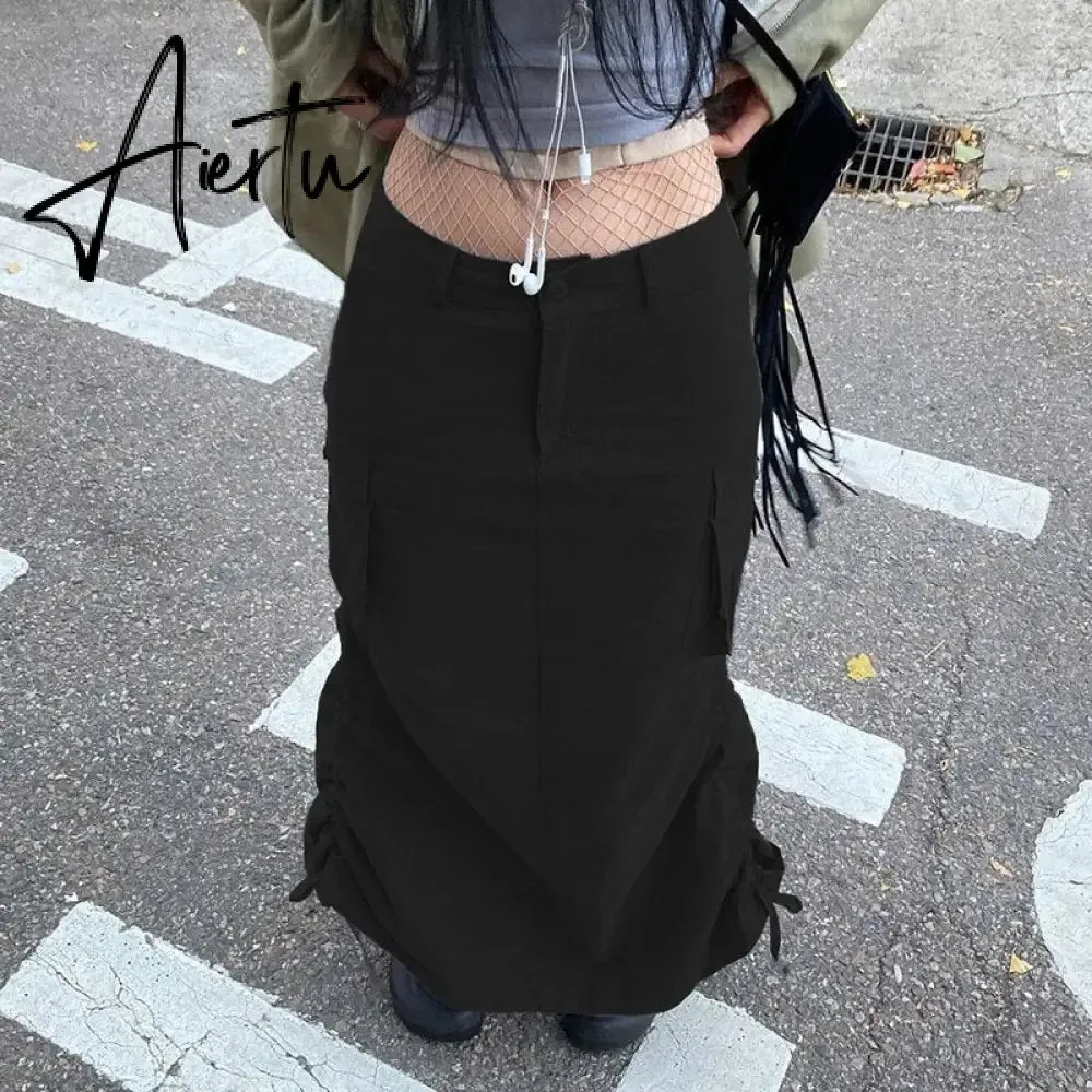 Aiertu Gray Solid Casual Midi Cargo Skirts Womens Pockets Stitching Streetwear Side Shirring Tie Up Jupe Vintage Preppy Skirt