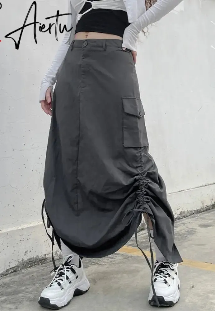 Aiertu Gray Solid Casual Midi Cargo Skirts Womens Pockets Stitching Streetwear Side Shirring Tie Up Jupe Vintage Preppy Skirt