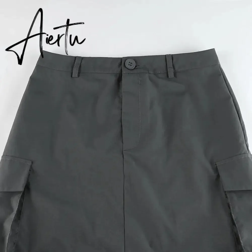 Aiertu Gray Solid Casual Midi Cargo Skirts Womens Pockets Stitching Streetwear Side Shirring Tie Up Jupe Vintage Preppy Skirt