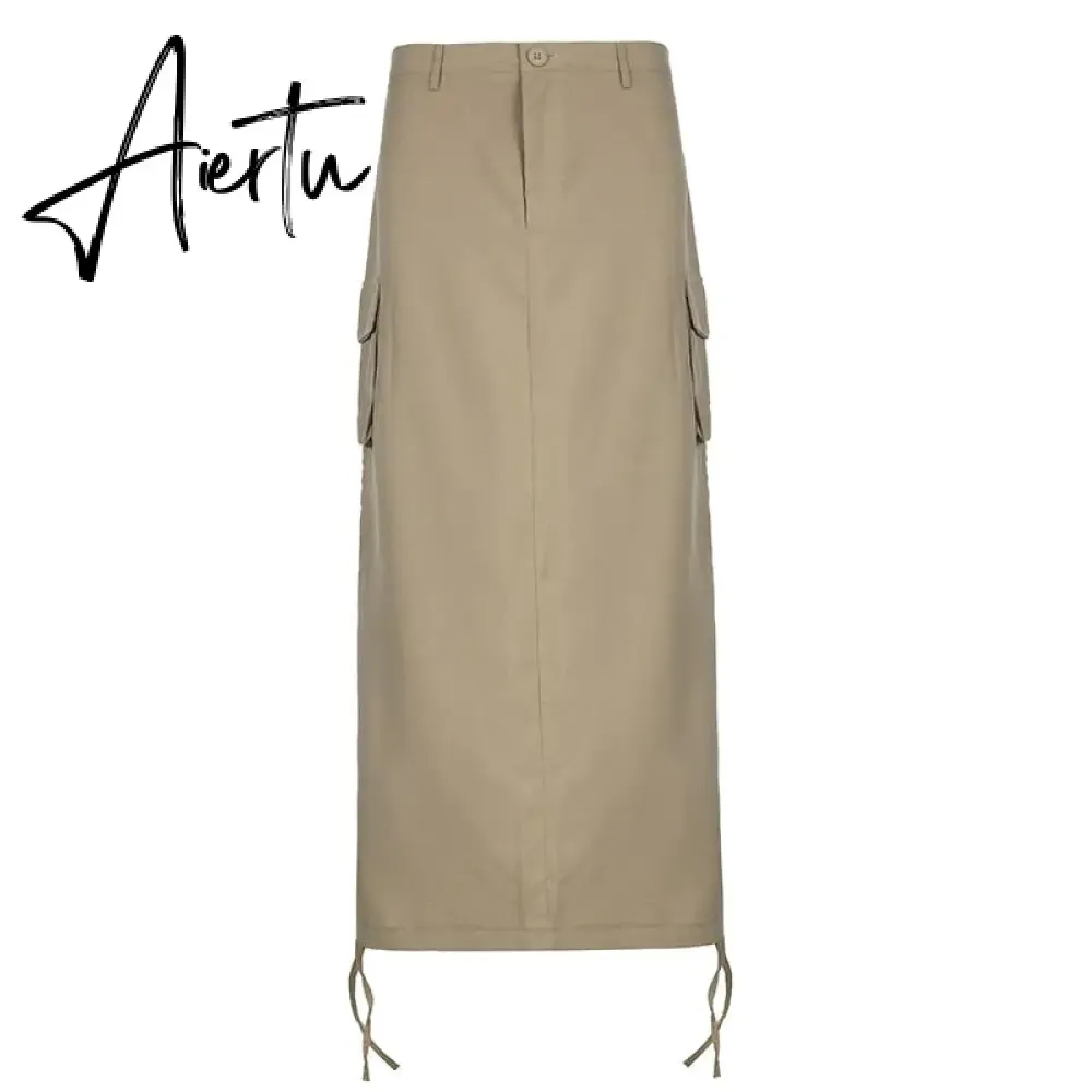 Aiertu Gray Solid Casual Midi Cargo Skirts Womens Pockets Stitching Streetwear Side Shirring Tie Up Jupe Vintage Preppy Skirt