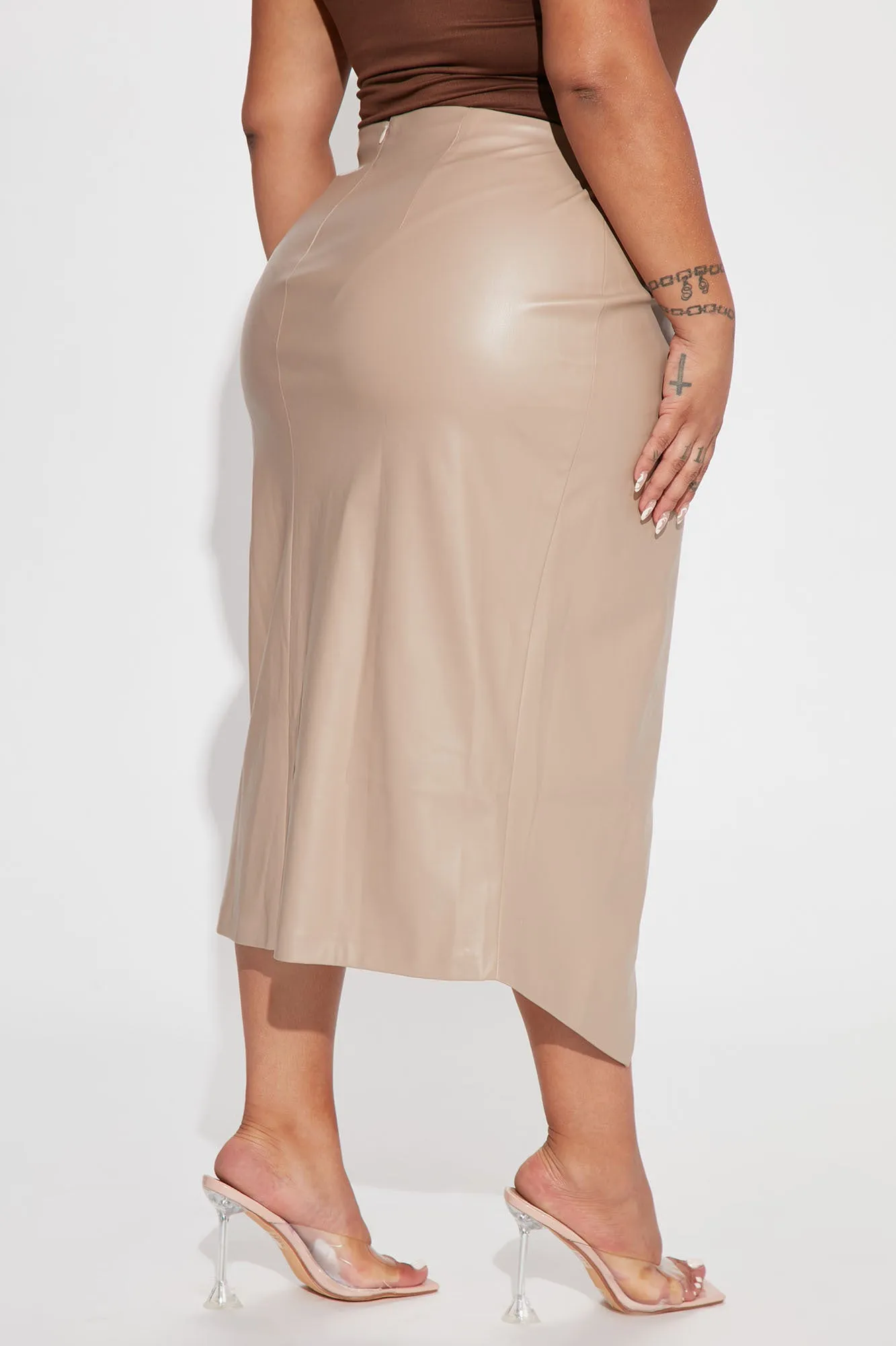 Always Around Faux Leather Midi Skirt - Taupe