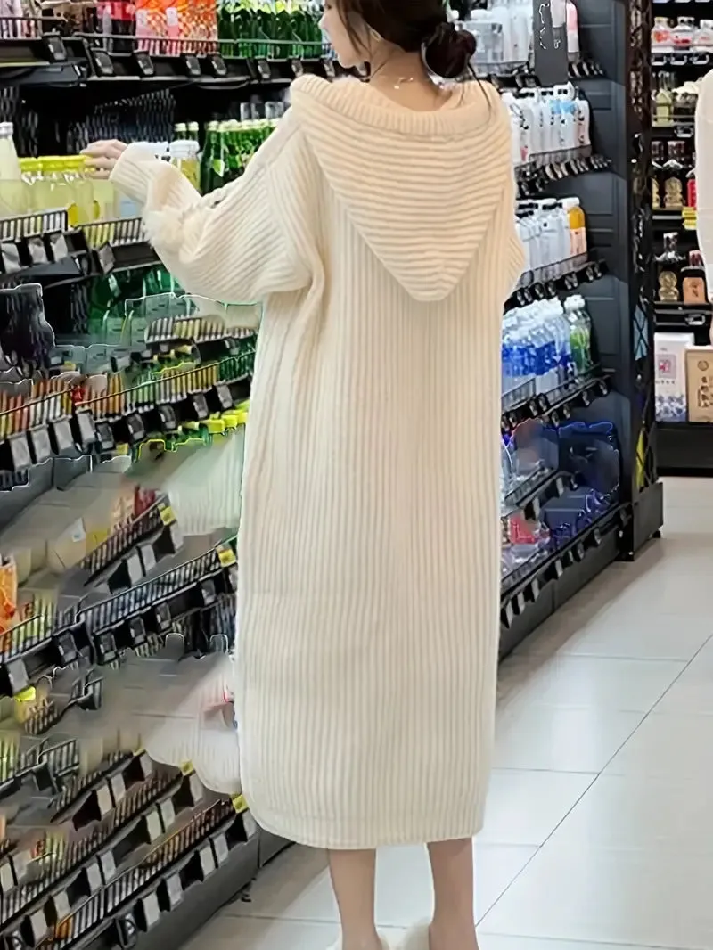 Apricot Long Long Sleeve Hooded Knit Dress