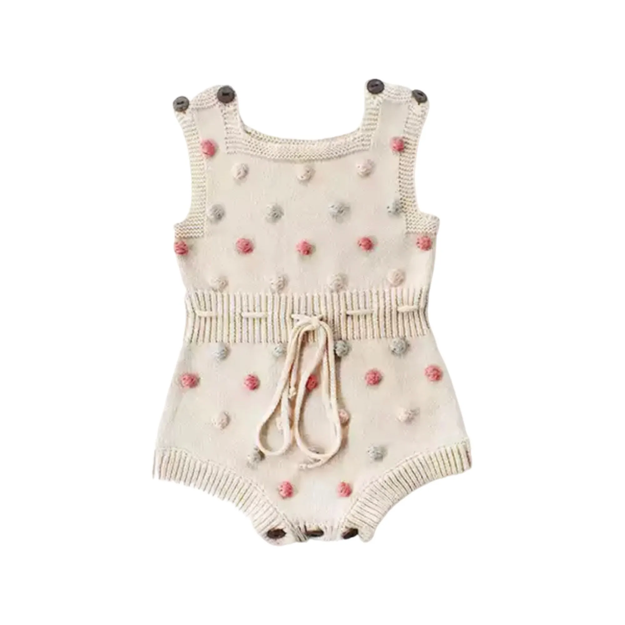 Baby Girl Knitted Romper with Bobbles / Pom Pom - Natural / Multi