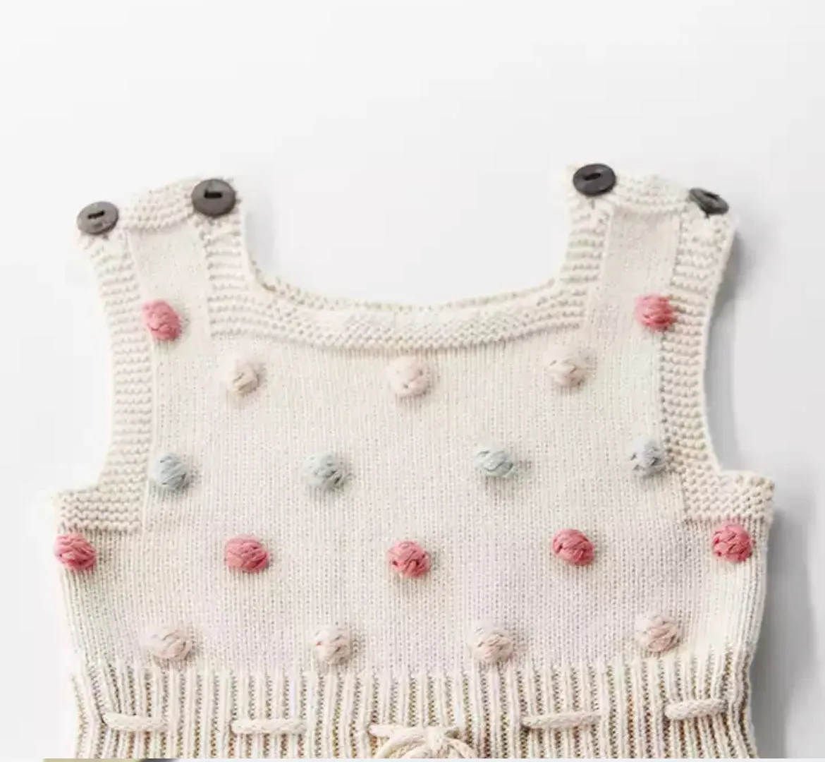 Baby Girl Knitted Romper with Bobbles / Pom Pom - Natural / Multi