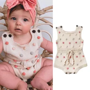 Baby Girl Knitted Romper with Bobbles / Pom Pom - Natural / Multi