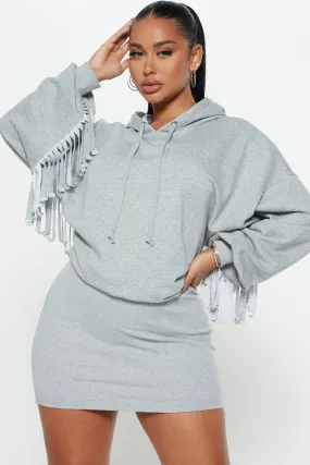 Becca Fringe Hooded Mini Dress - Heather Grey