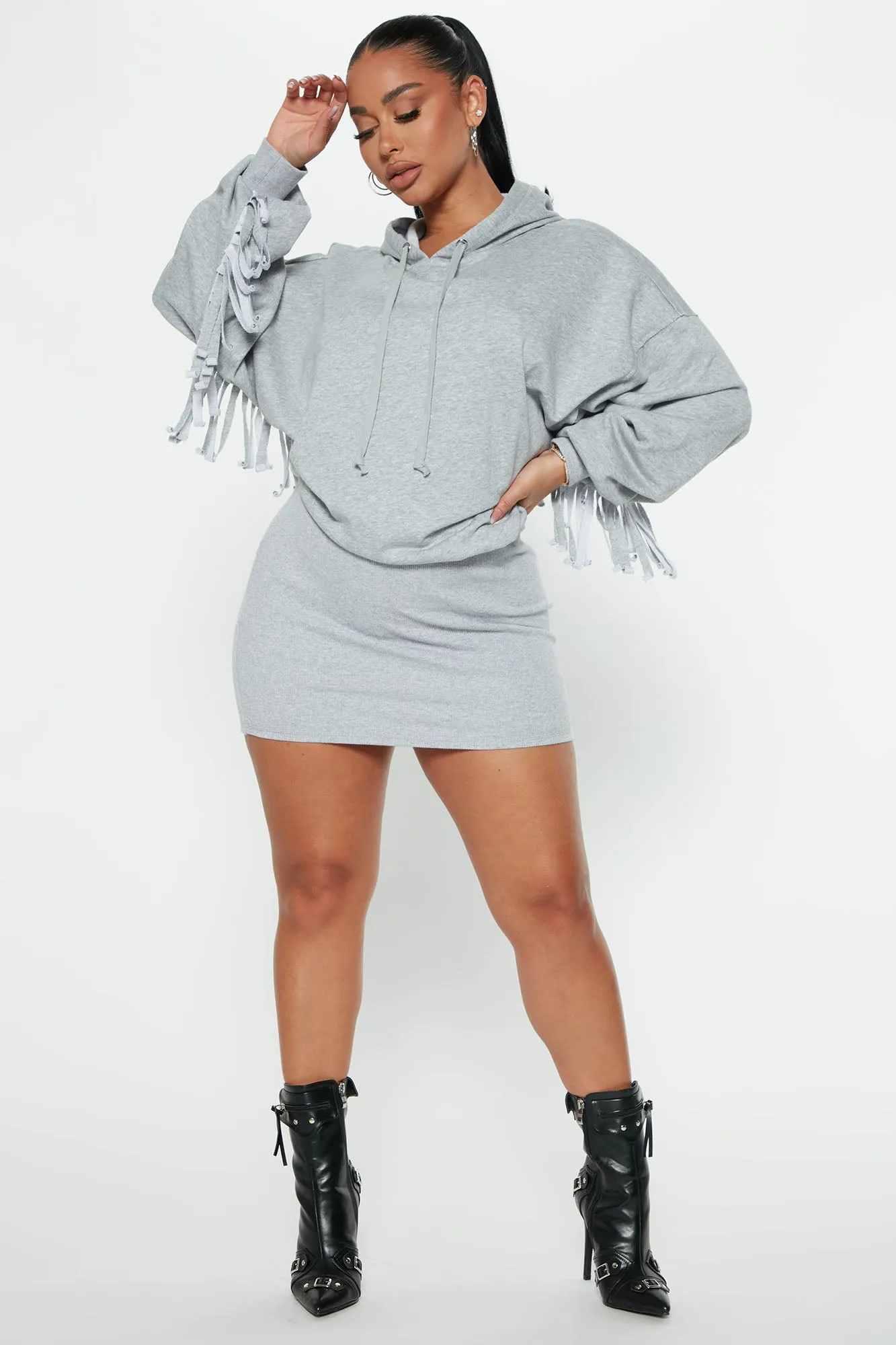 Becca Fringe Hooded Mini Dress - Heather Grey