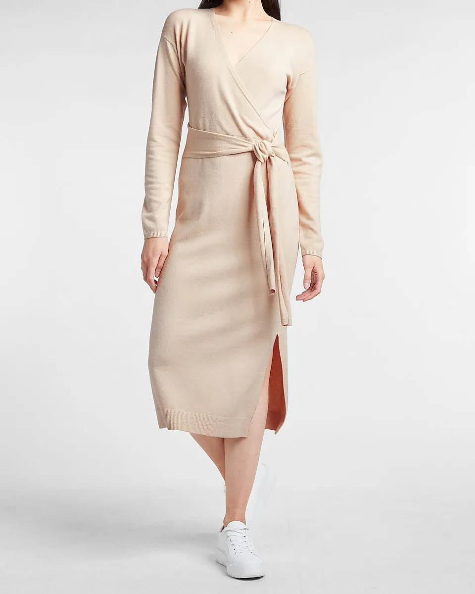 Belted Wrap Front Midi Sweater Dress in Oyster