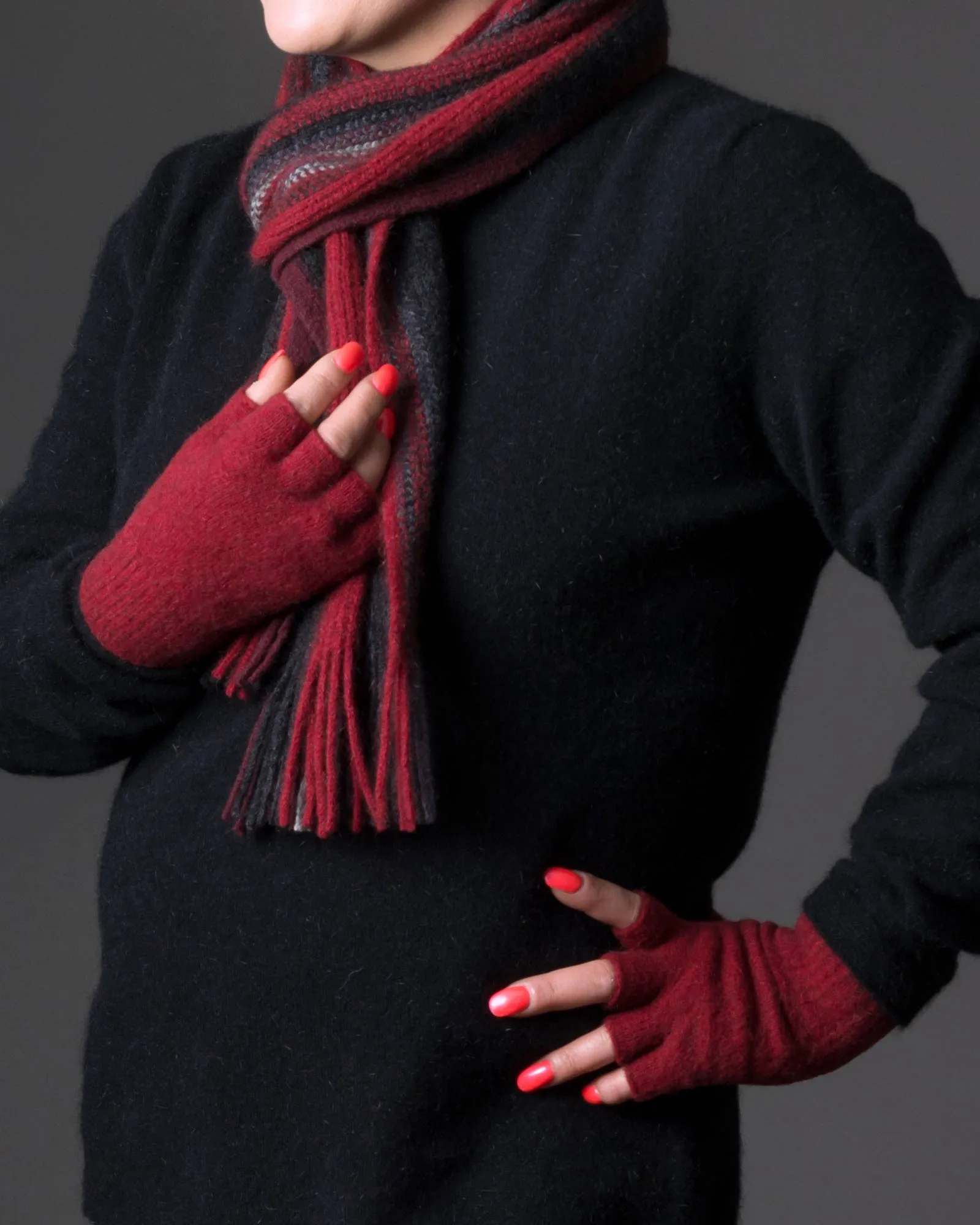 Berry Red #2 Fingerless Gloves Possum Merino Wool - NX103