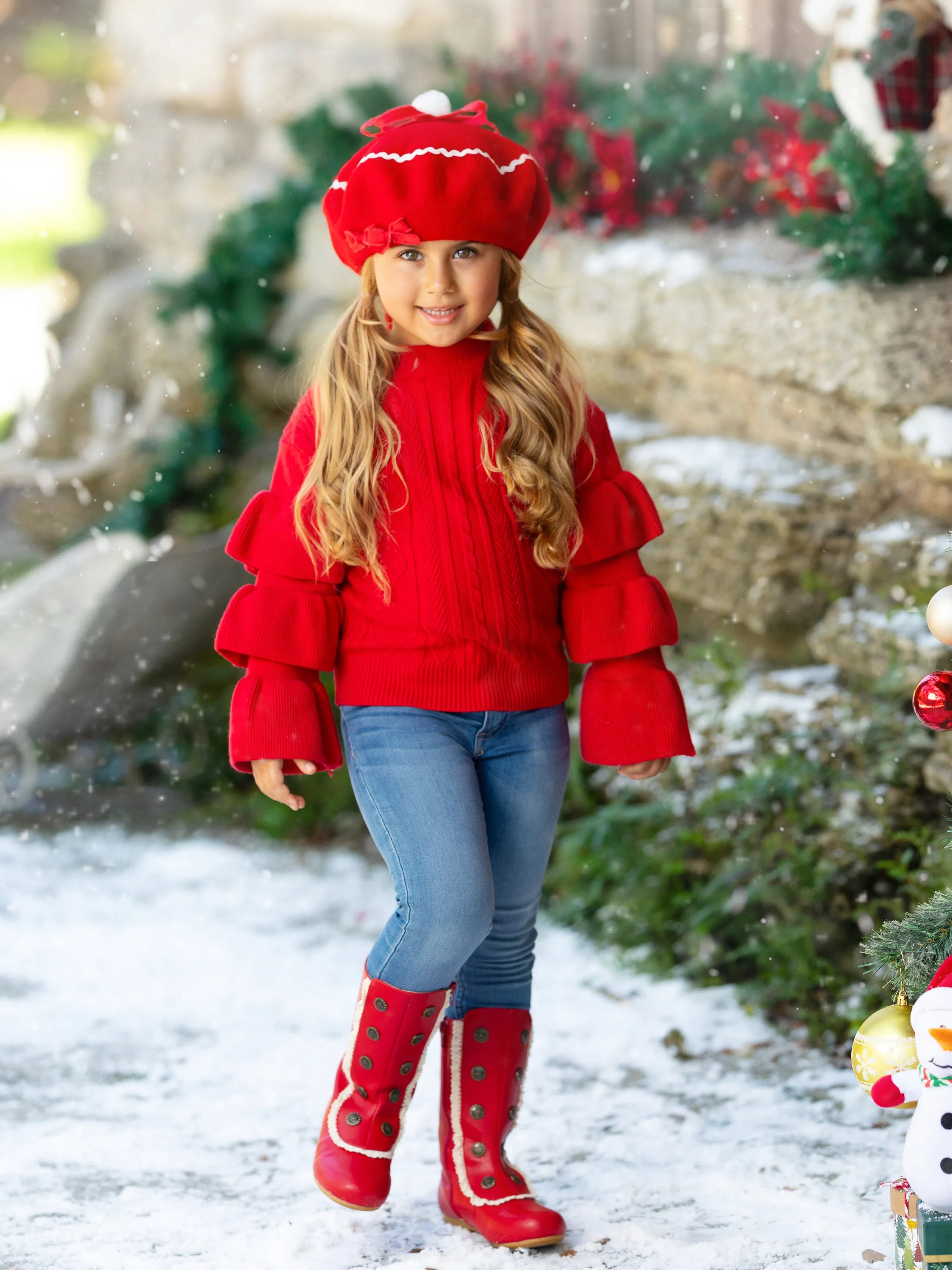 Berry Red Tiered Sleeve Cable Knit Sweater