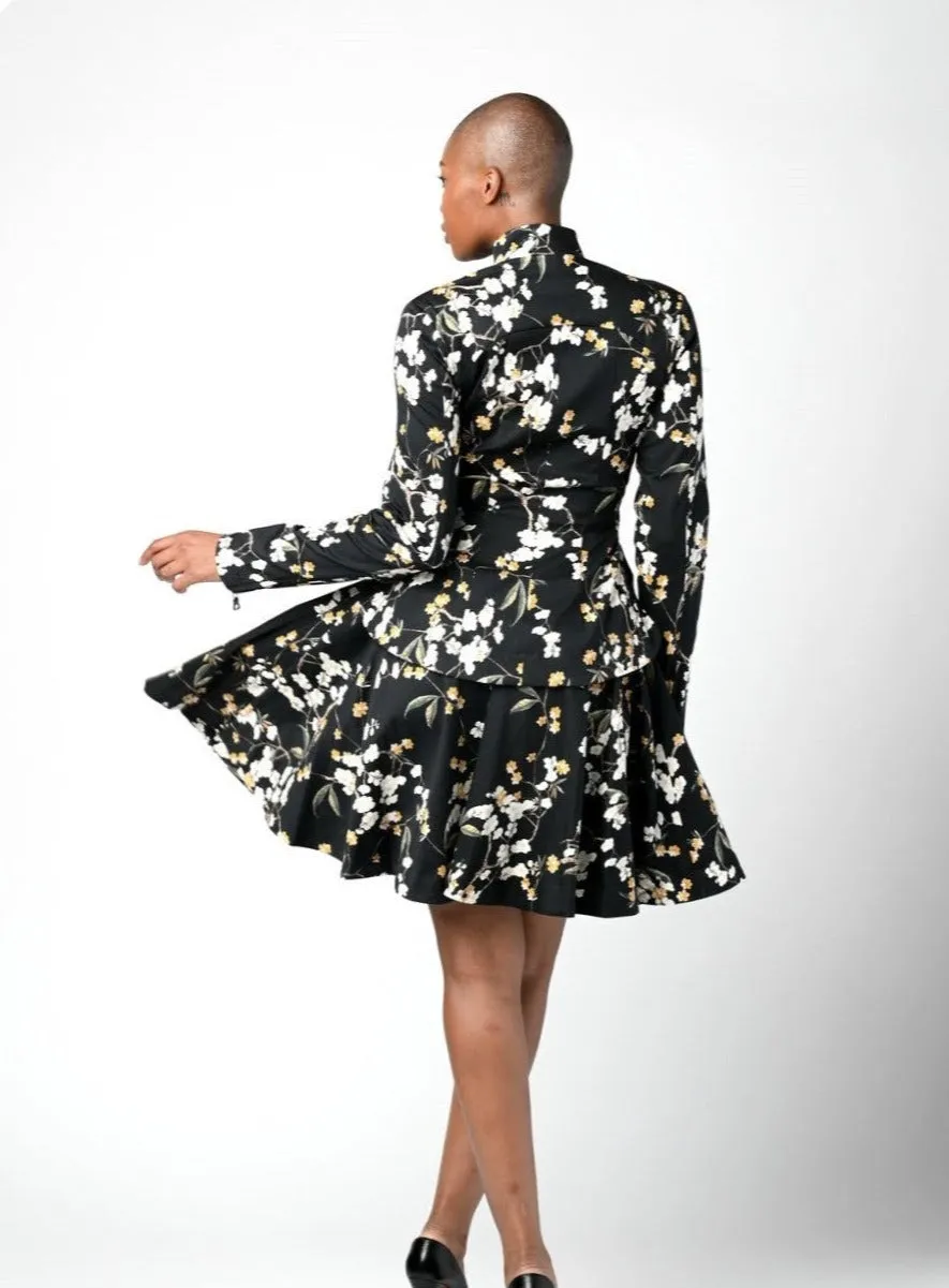 Black Floral Print Zip Front Jacket