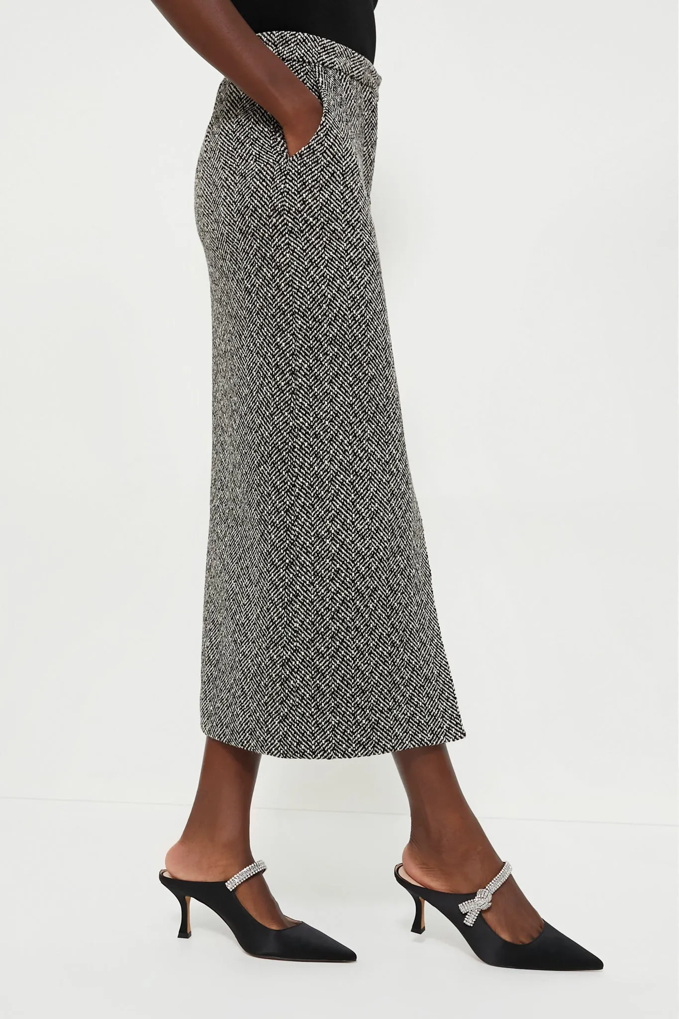 Black Herringbone Midi Skirt