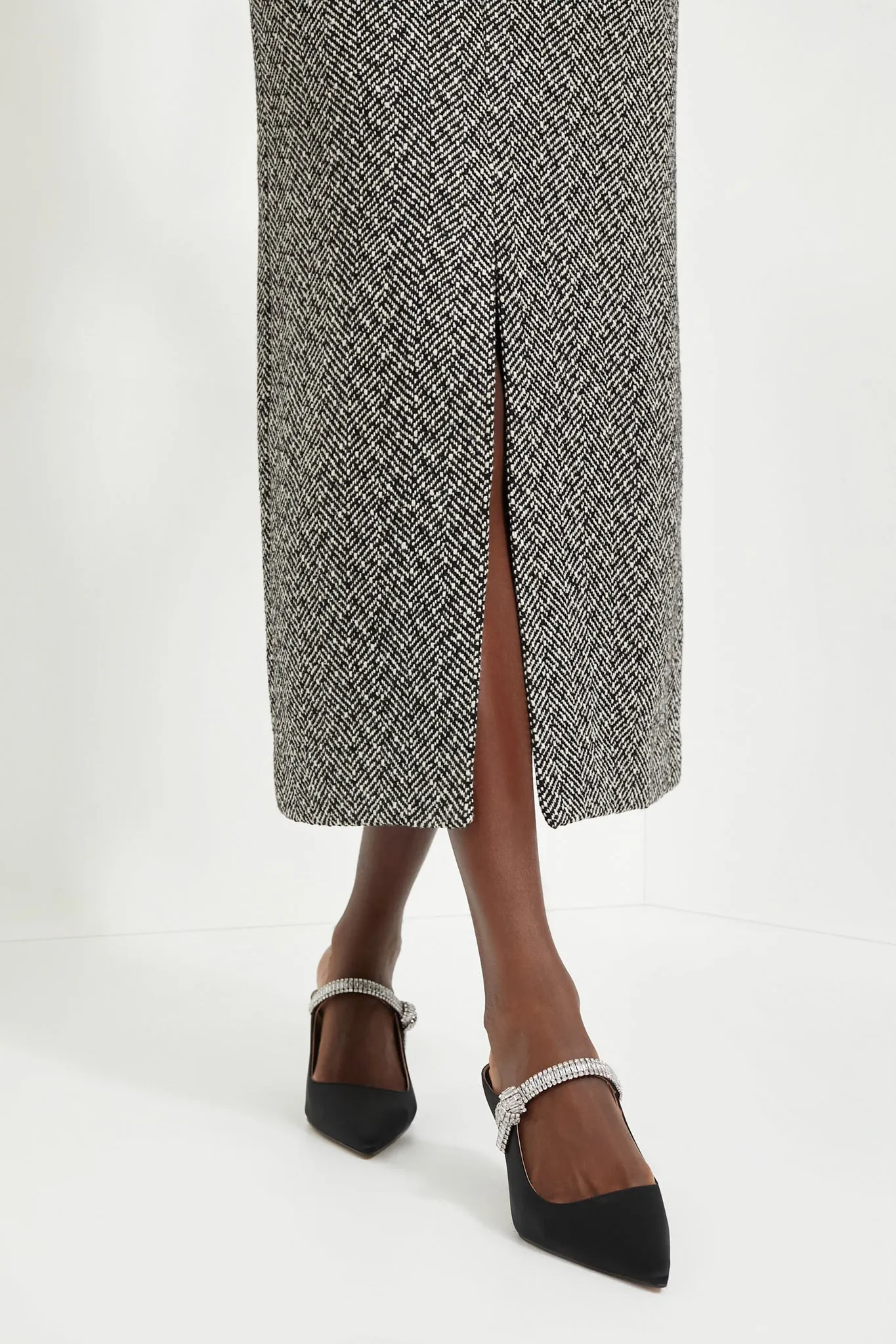 Black Herringbone Midi Skirt