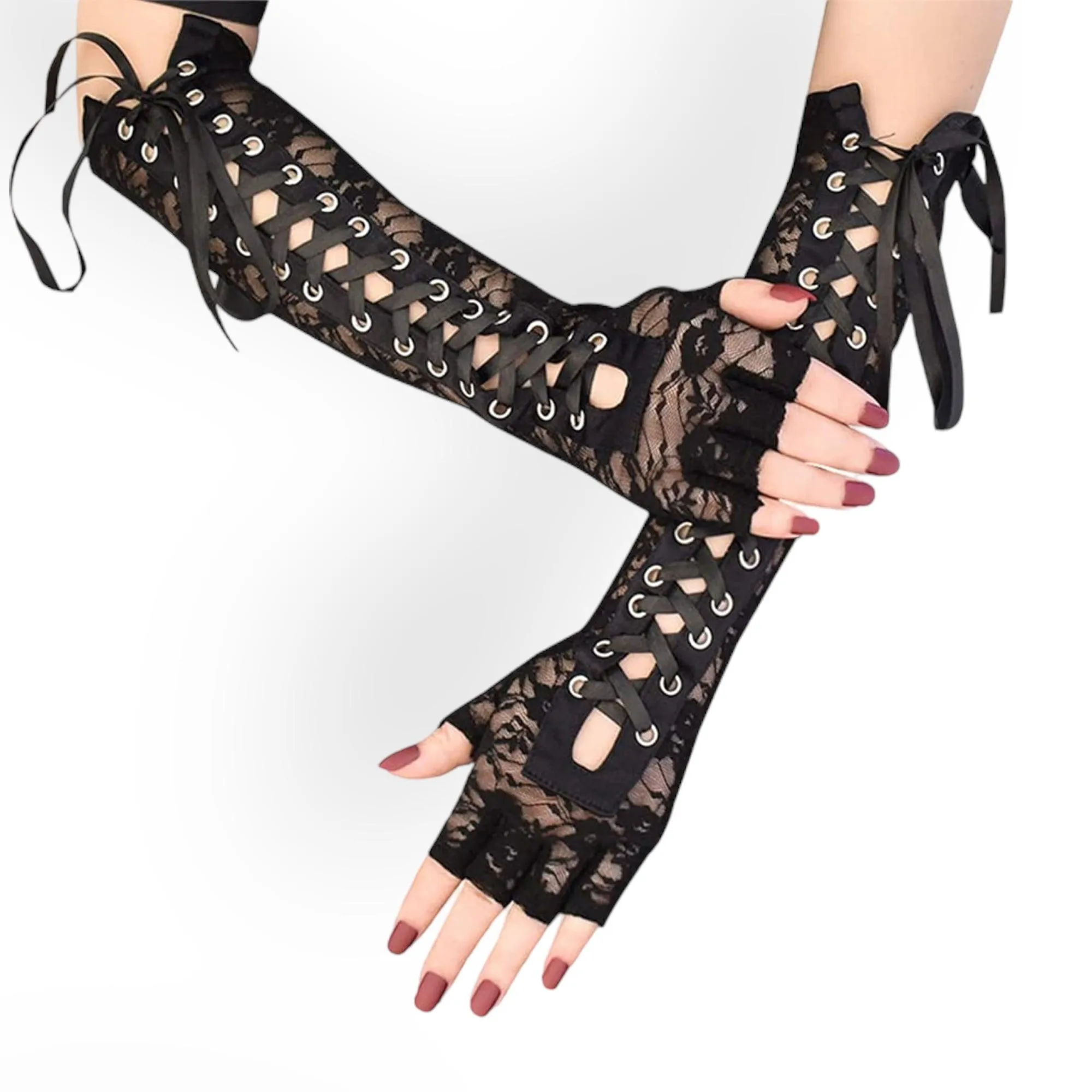 Black Lace Up Long Fingerless Gloves