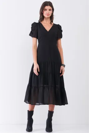 Black Short Ruched Sleeve V-Neck Tiered Midi Dress /2-2-2