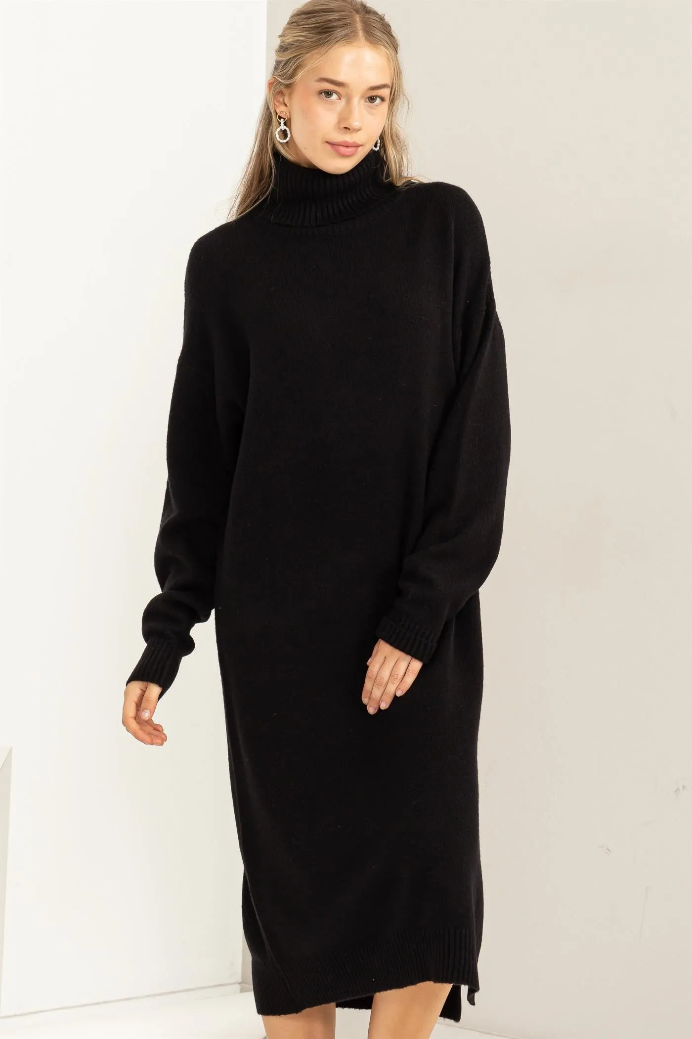 Black Too Cute Turtleneck Sweater Midi Dress