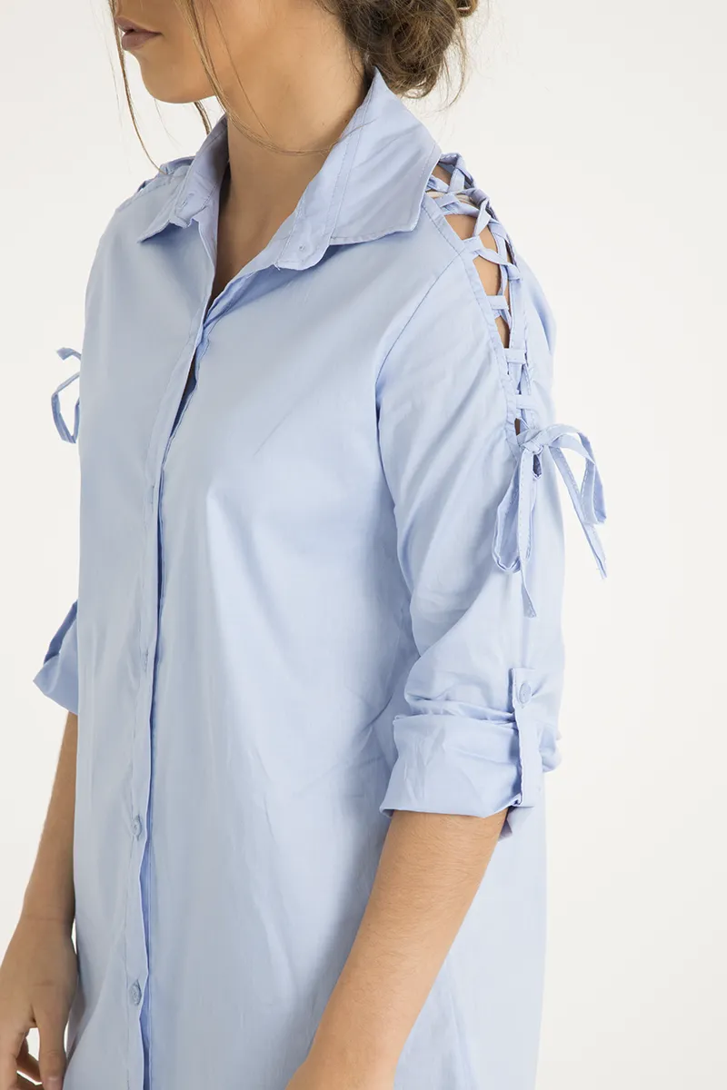 Blue Tied Shoulder Oversized Shirt Dress -  Helen