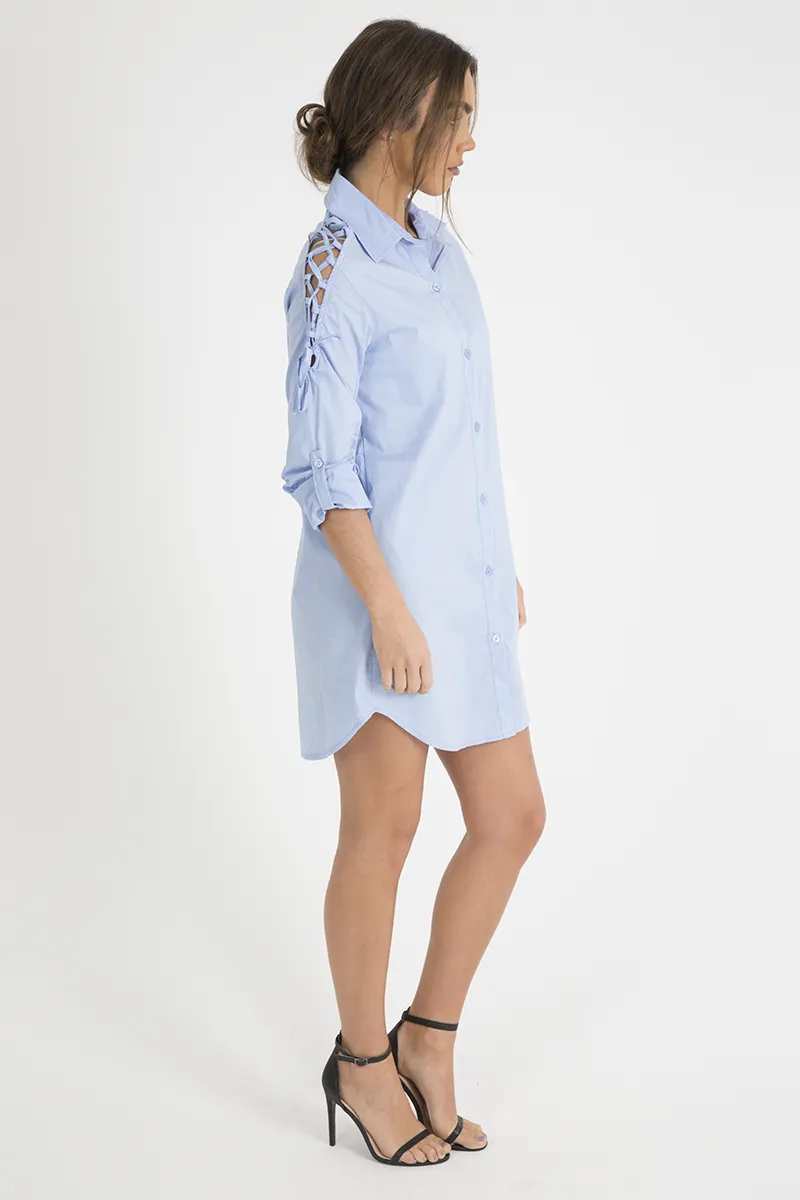 Blue Tied Shoulder Oversized Shirt Dress -  Helen