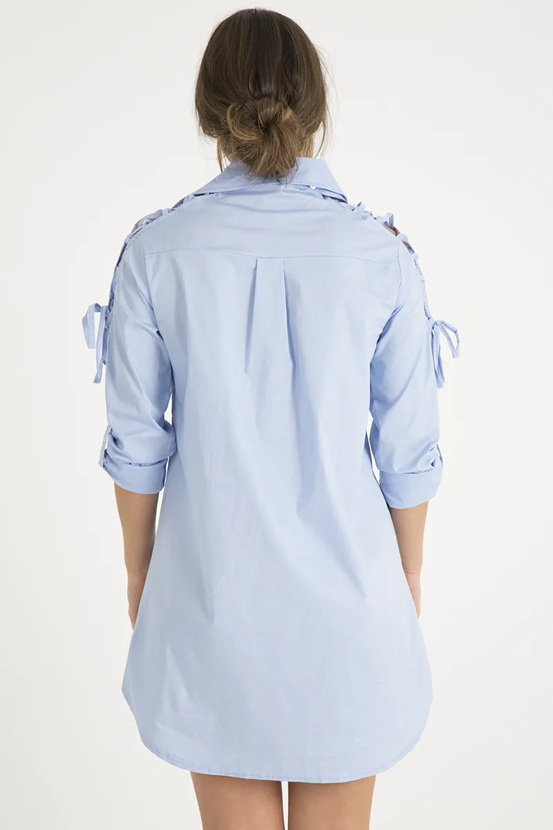 Blue Tied Shoulder Oversized Shirt Dress -  Helen