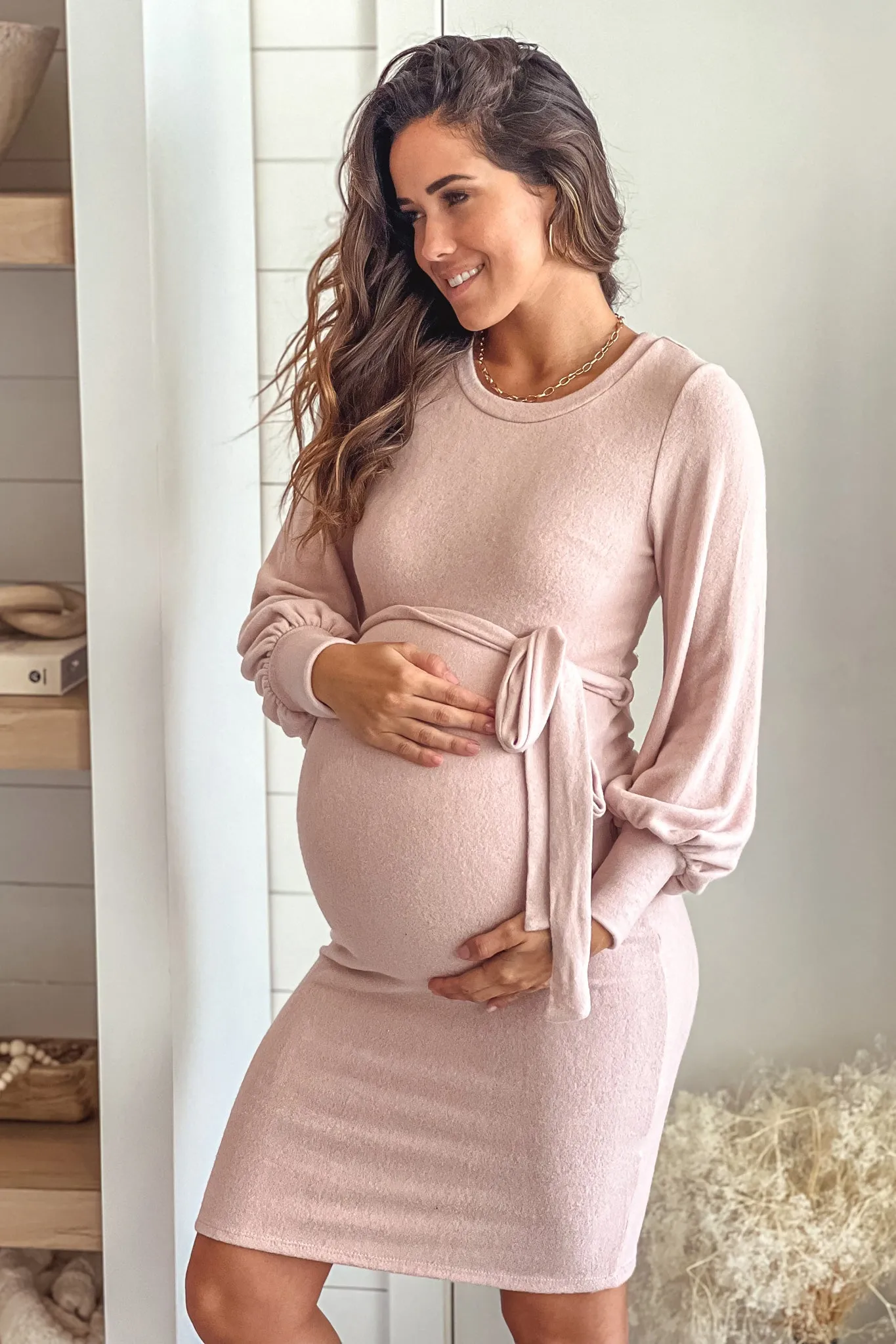 Blush Maternity Sweater Dress with Long Sleeve and Belt