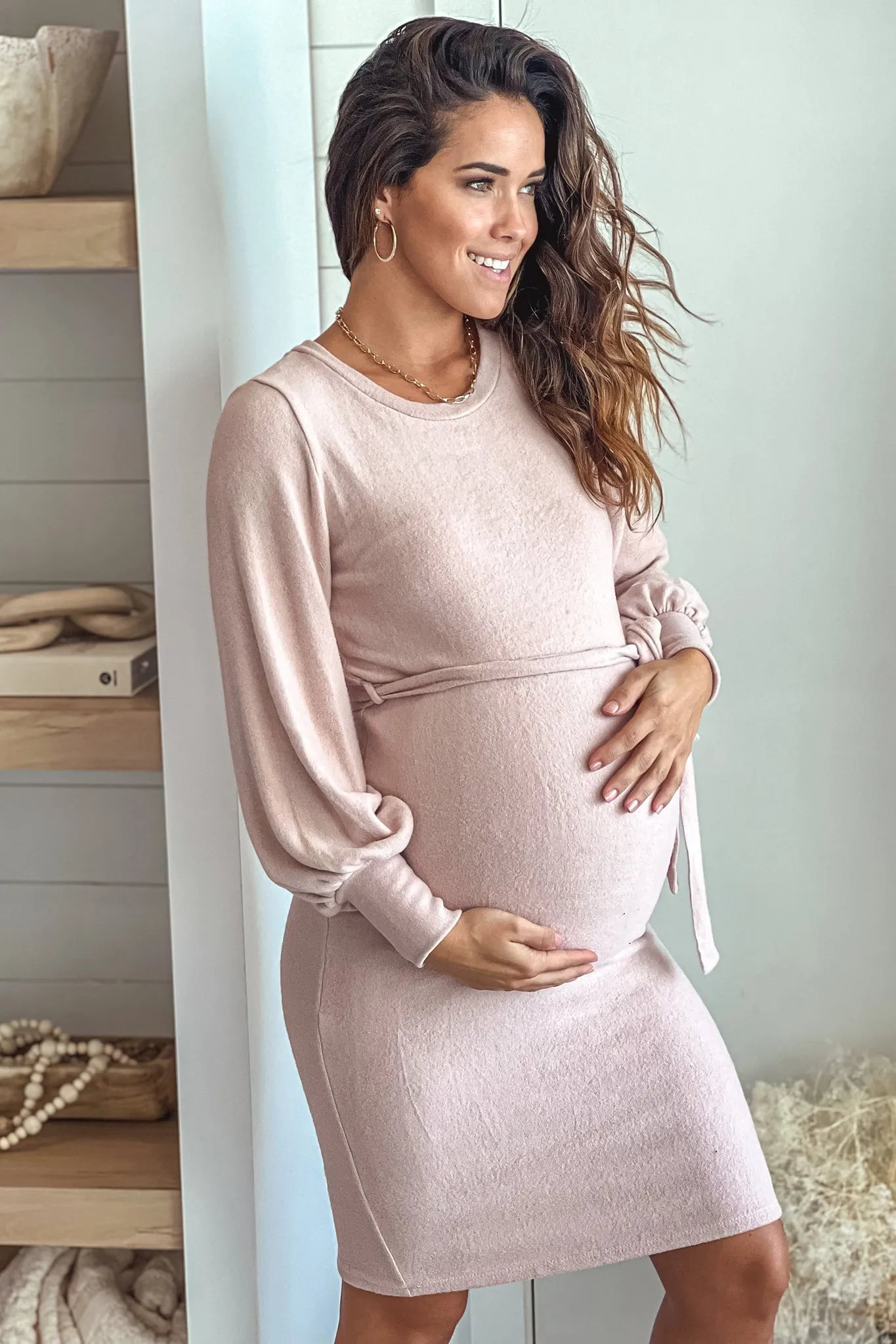 Blush Maternity Sweater Dress with Long Sleeve and Belt