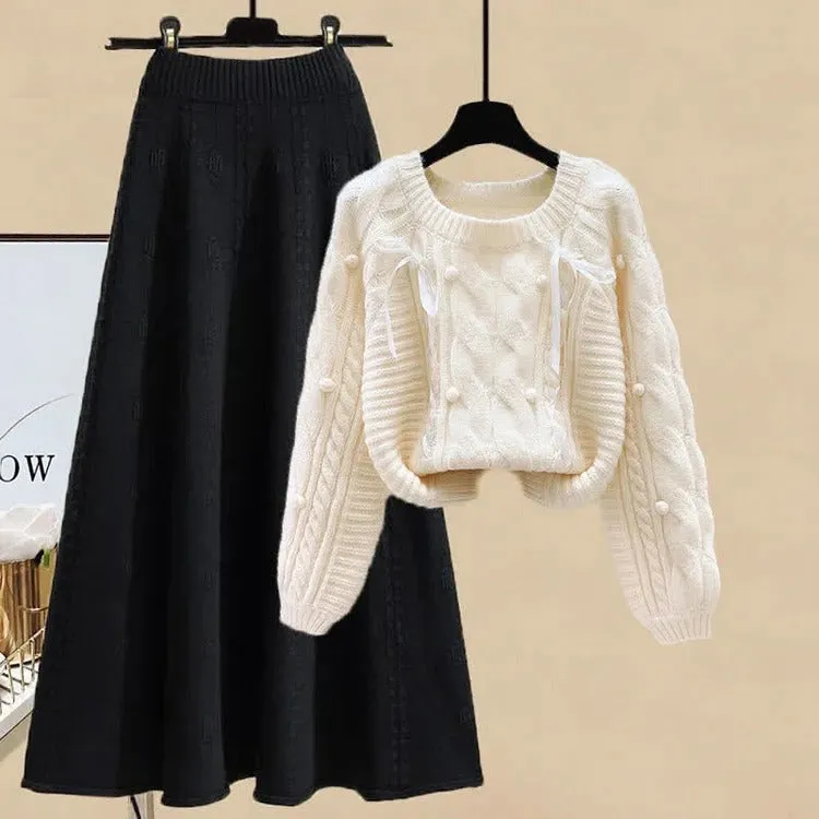 Bow Pills Cable Knit Sweater Skirt Two Piece Set