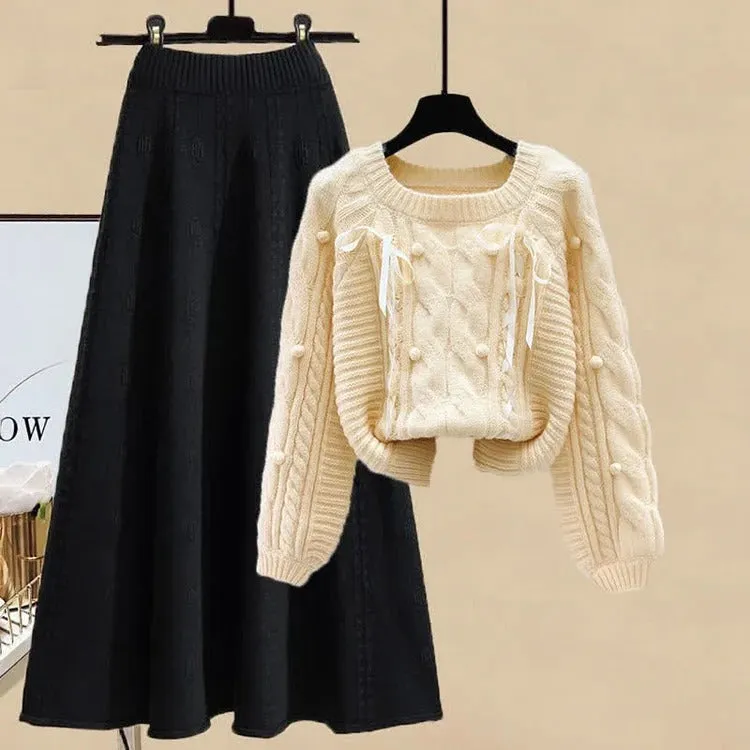 Bow Pills Cable Knit Sweater Skirt Two Piece Set