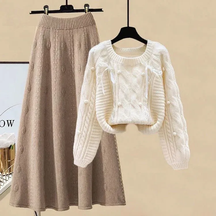 Bow Pills Cable Knit Sweater Skirt Two Piece Set