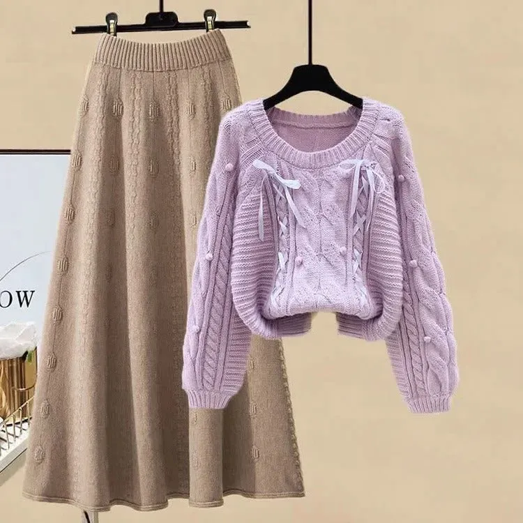 Bow Pills Cable Knit Sweater Skirt Two Piece Set