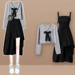 Bowknot V-Neck Cardigan Sweater Lace Up Irregular Slip Dress Two Piece Set