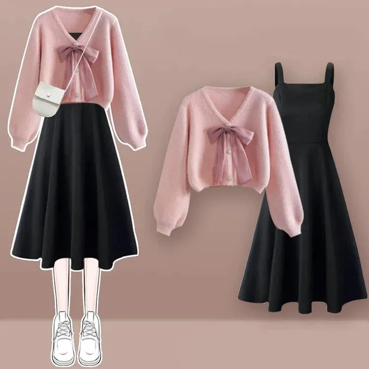 Bowknot V-Neck Cardigan Sweater Slip Dress Two Piece Set