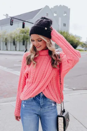 Cable Knit Cross Front Cropped Sweater -Rose