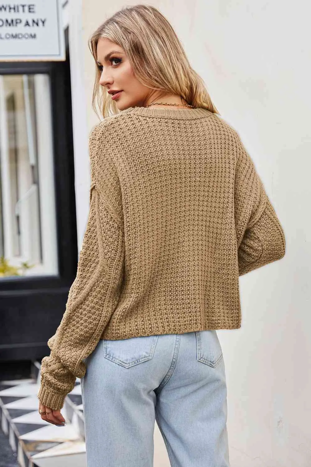 Cable-Knit Round Neck Dropped Shoulder Sweater