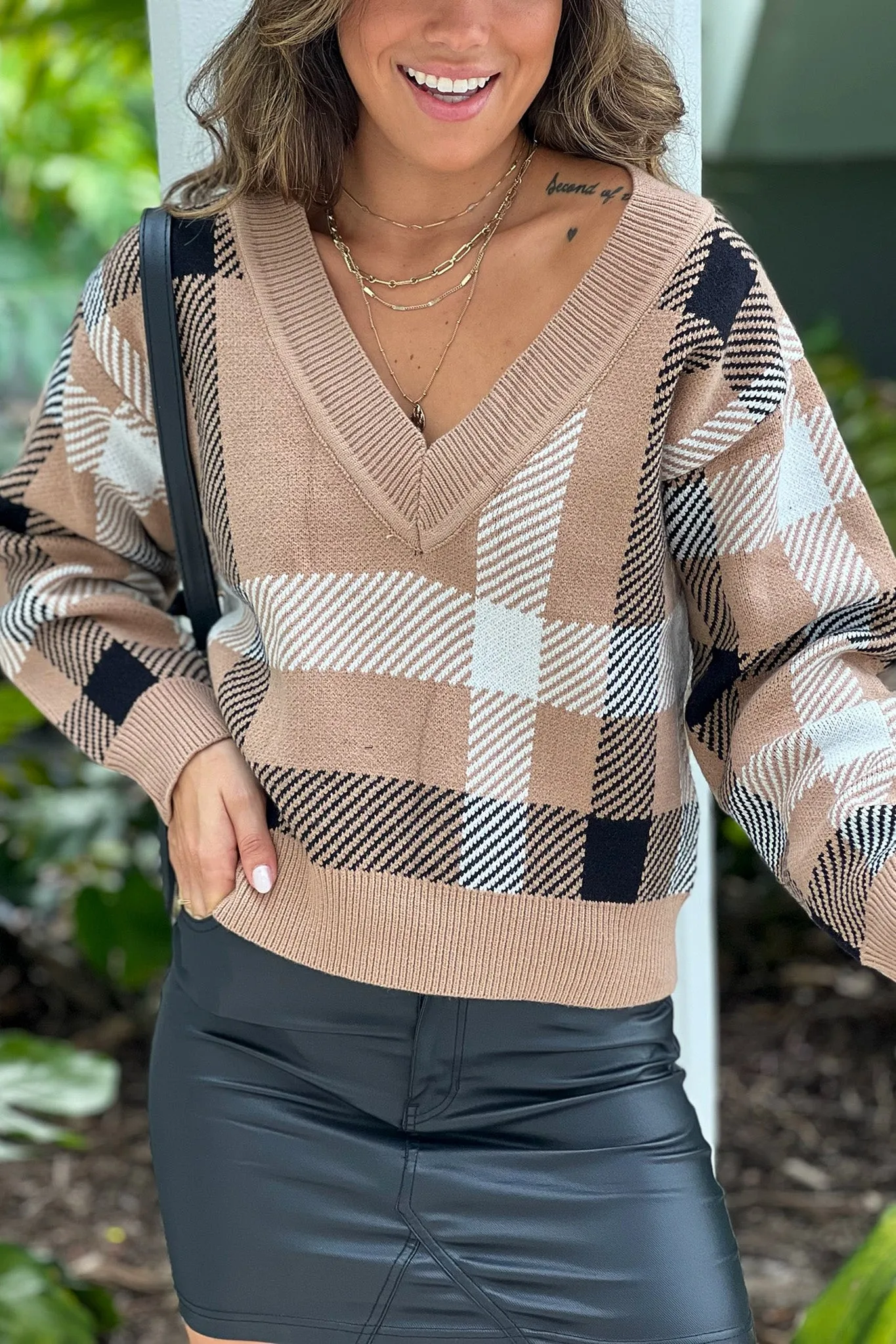 Camel Checkered V-Neck Sweater