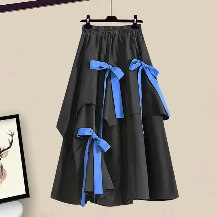 Cartoon Letter Print T-Shirt Irregular Bow Decor Skirt Two Piece Set